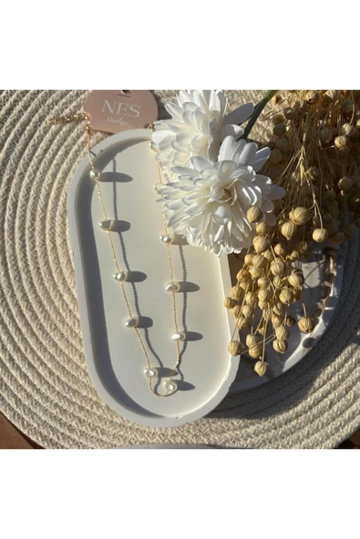 nesdesign Altın Kaplama İncili İnce Zincir Kolye (46 cm) - Resim 2