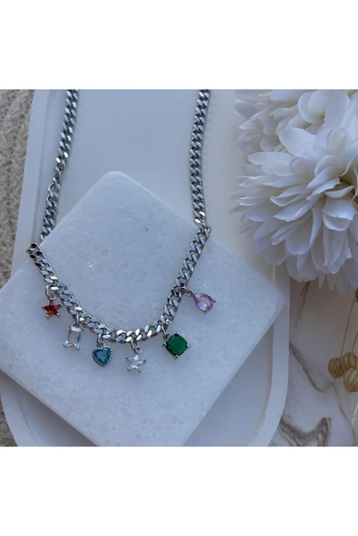 nesdesign Altın Kaplama Renkli Taşlı Kalın Zincir Kolye (47 cm) - Resim 2