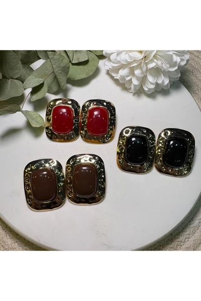 nesdesign Kahverengi Dikdörtgen Dövme Gold Detaylı Küpe - Resim 2