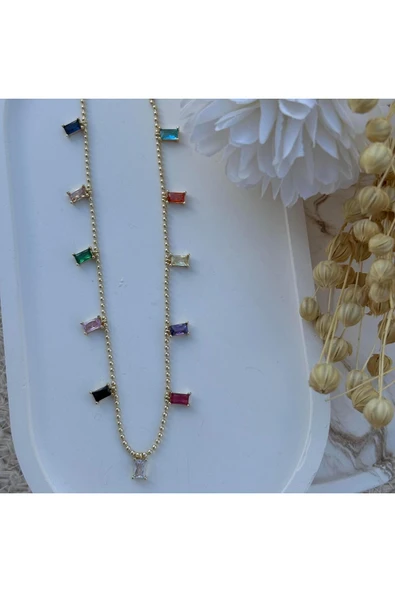 nesdesign Altın Kaplama Dikdörtgen Taşlı Renkli Kolye (47 cm) - Resim 2