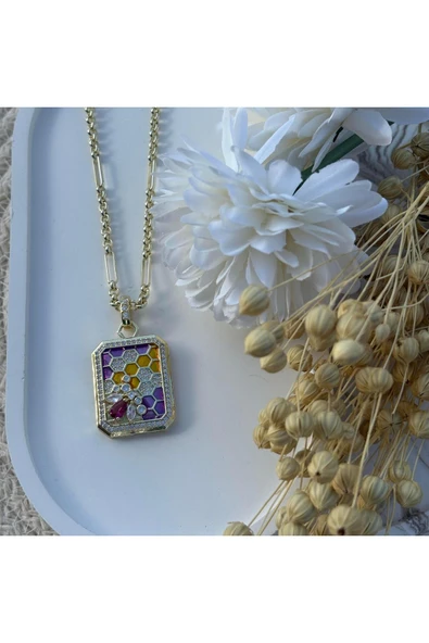 nesdesign Mor Dikdörtgen Arı Petek Kolye (55 cm) ürün görseli 1