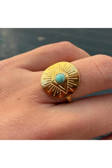 nesdesign Çelik Yuvarlak Plaka Üzerine Göz Dokulu Turkuaz Rengi Taşlı Zarif Ayarlanabilir Yüzük - Resim 2