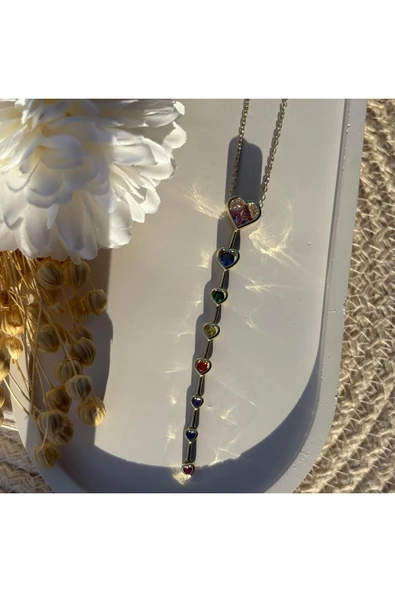 nesdesign Renkli Taşlı Kalp Y Kolye (50 cm) - Resim 2