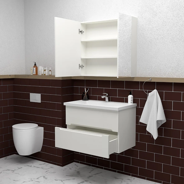 Teta Home Kopenhag 80 cm MDF Gövde Membran Kapak Banyo Dolabı Seti  Beyaz - Resim 2