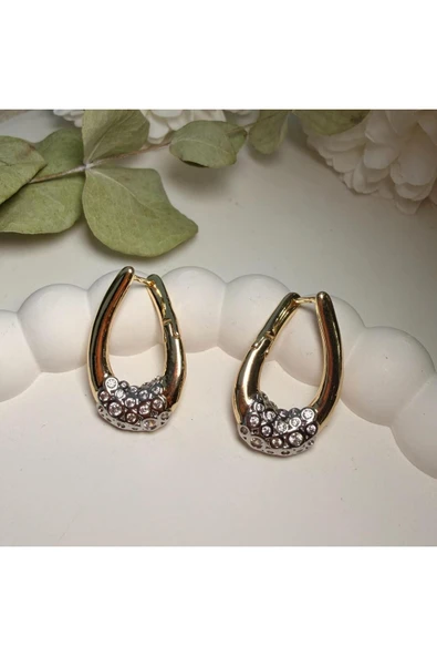 nesdesign Yarım Tur Dönmeli Taşlı Gold Küpe - Resim 2