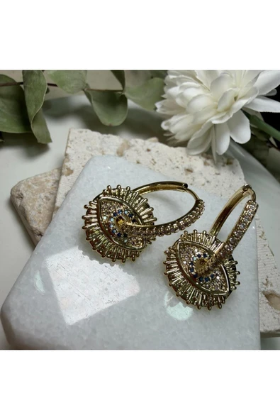 nesdesign Altın Kaplama Mavi Taşlı Sallantılı Göz Küpe - Resim 2