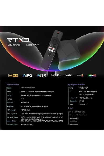 EverBox RT-X3 4K Android 14.0 TV Box 4+64GB Realtek RTD1325 Yapay Zeka İşlemci Chip Dual Hızlı WiFi6 - Resim 3