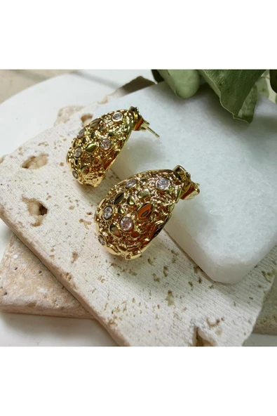 nesdesign Altın Kaplama Taşlı Dokulu Gold Damla Küpe - Resim 2