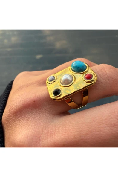 nesdesign Çelik Dikdörtgen Plaka Üzerine Gömme Renkli Taşlı Ayarlanabilir Yüzük - Resim 2