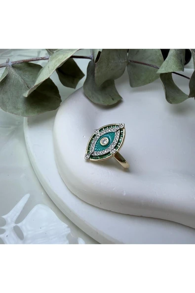 nesdesign Kenarları Yeşil Taşlı Turkuaz Göz Yüzük (Gold) - Resim 2