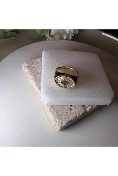 nesdesign Yeşil Zirkon Taşlı Gold Göz Yüzük - Resim 2