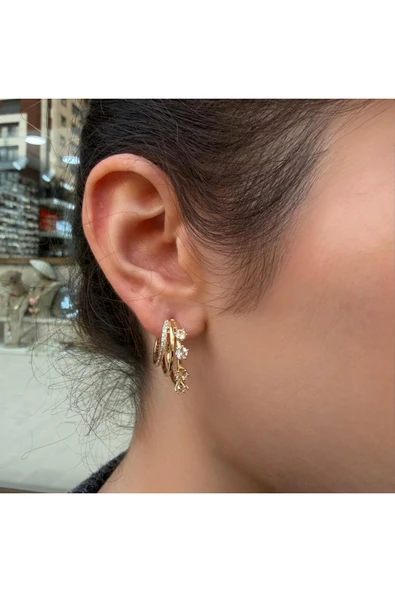 nesdesign Üçlü C Model Taşlı Zarif Gold Küpe ürün görseli 1