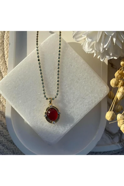 nesdesign Kenarları Taşlı Akik Taşı Ezme Zincir Kolye (40 cm) - Resim 2