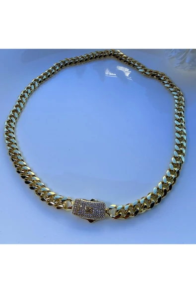 nesdesign 14K Altın Kaplama Taşlı Kilit Detaylı Kalın Gurmet Kolye (50 cm) ürün görseli 1