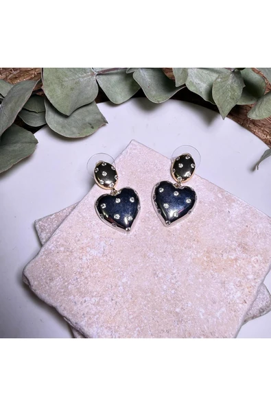 nesdesign Gömülü Taşlı İki Renk Sallantılı Kalp Küpe ürün görseli 1