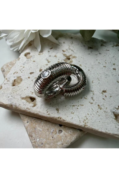 nesdesign 14K Özel Seri Ortası Taşlı Boru Model Halka Küpe (Gümüş Renk) ürün görseli 1