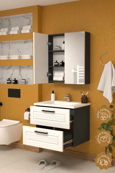 Teta Home Floransa 65 cm MDF Gövde Membran Kapak Banyo Dolabı Seti  Beyaz - Resim 2