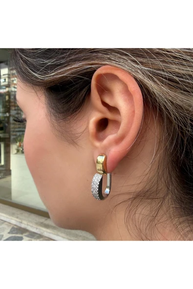 nesdesign Arkadan Takmalı Taşlı İki Renk Kanca Model Küpe - Resim 2