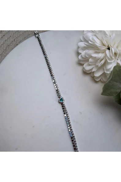 nesdesign Yeşil Kalp Ezme Zincirli İki Sıra Tamtur Bileklik (17 cm) ürün görseli 1