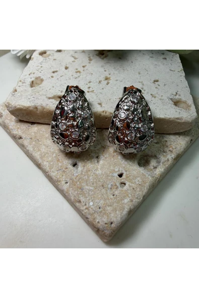 nesdesign Altın Kaplama Taşlı Dokulu Damla Küpe (Gümüş Renk) ürün görseli 1