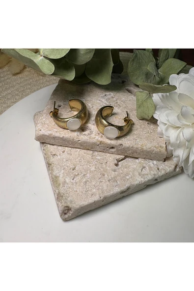 nesdesign Çelik Beyaz Yuvarlak Taşlı Çizgili Küpe - Resim 2