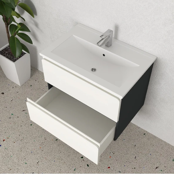 Teta Home Granada 65 cm MDF Gövde Membran Kapak Banyo Dolabı Seti  Antrasit-Beyaz - Resim 3