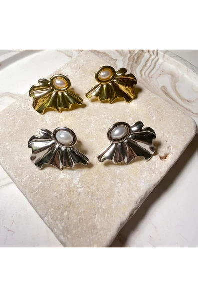 nesdesign Çelik İncili Yaprak Model Gold Küpe - Resim 2