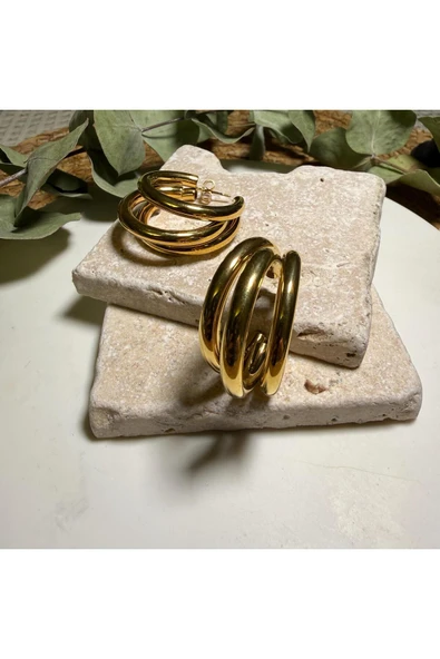 nesdesign Çelik Gold Üç Sıra Boru Halka Küpe ürün görseli 1