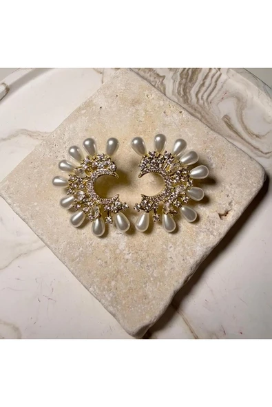 nesdesign Çelik Gold Zirkon Taşlı Ucu İncilerle Süslenmil Hilal Şekil Küpe ürün görseli 1