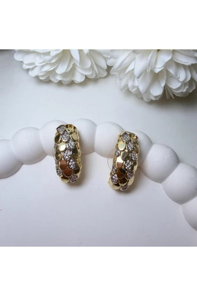 nesdesign Gold Taşlı Oval Kabuk Desenli Küpe - Resim 2