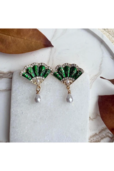 nesdesign İnci Sallantılı Yeşil Yelpaze Küpe ürün görseli 1