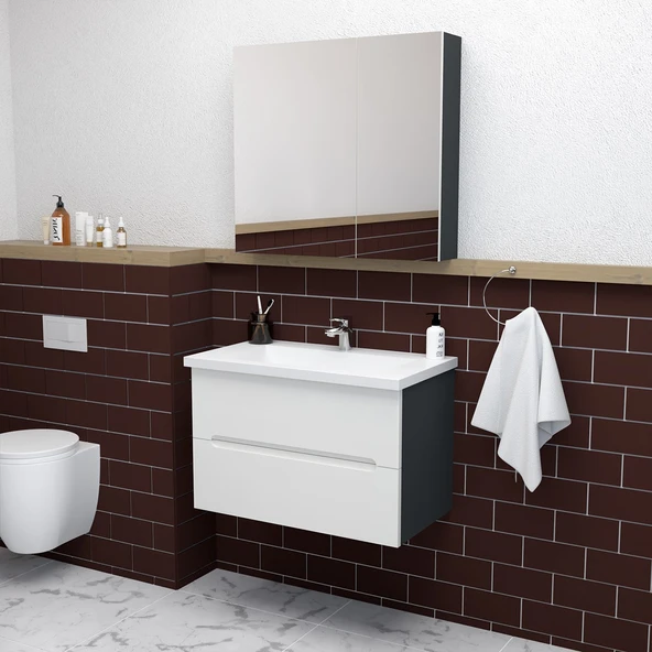 Teta Home Kopenhag 80 cm MDF Gövde Membran Kapak Banyo Dolabı Seti  Antrasit-Beyaz ürün görseli 1