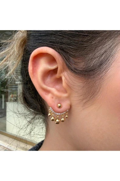 nesdesign Arkadan takmalı Ayarlanabilir Minik Toplu Sallantılı Gold Küpe ürün görseli 1