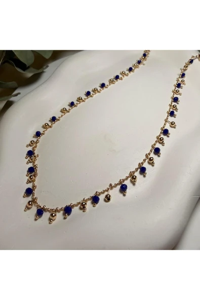 nesdesign Altın Kaplama Lacivert Boncuklu Zincir Kolye (45 cm) ürün görseli 1