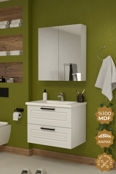 Teta Home Floransa 65 cm MDF Gövde Membran Kapak Banyo Dolabı Seti  Beyaz - Resim 3