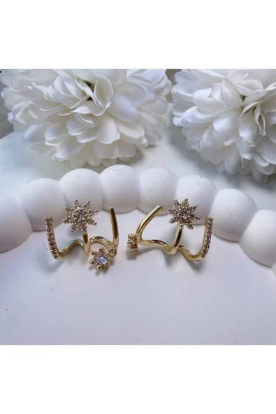 nesdesign Çiçekli Üç Tırnak Gold Küpe - Resim 3