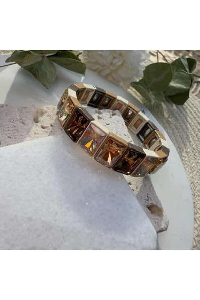 nesdesign Üç Renk Bej Tonlarında Dikdörtgen Taşlı Lastik Bilezik - Resim 2