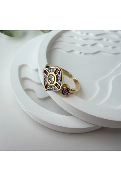 nesdesign Pembe Dikdörtgen Taş Detaylı Kare Plaka Ayarlanabilir Yüzük - Resim 2