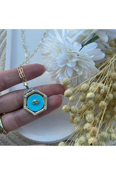 nesdesign Çelik Turkuaz Rengi Altıgen Göz Kolye (50 cm) ürün görseli 1