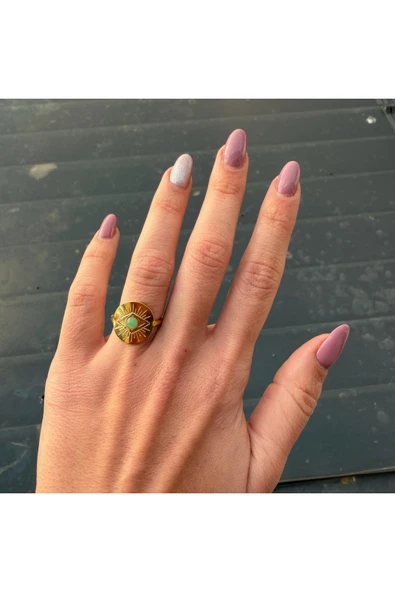 nesdesign Çelik Yuvarlak Plaka Üzerine Göz Dokulu Yeşil Taşlı Zarif Ayarlanabilir Yüzük ürün görseli 1