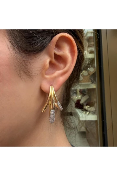 nesdesign Üçlü Görünüm Taşlı Gold Küpe ürün görseli 1