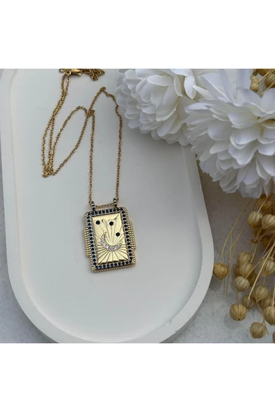 nesdesign Çelik Mavi Taşlı Ay Plaka Kolye (45 cm) - Resim 2