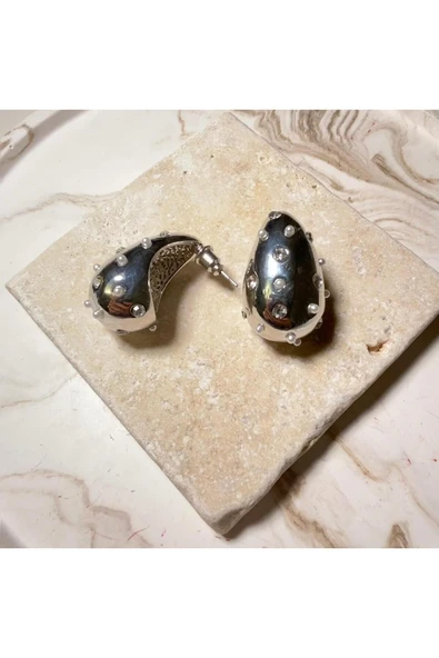 nesdesign Çelik Üzeri İncili Ve Taşlı Damla Model Zarif Gümüş Renk Küpe ürün görseli 1