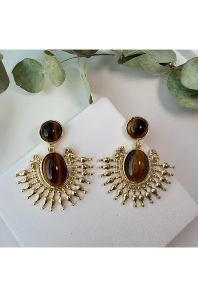 nesdesign Kahverengi Parlak Taşlı Gold Sallantılı Vintage Küpe ürün görseli 1