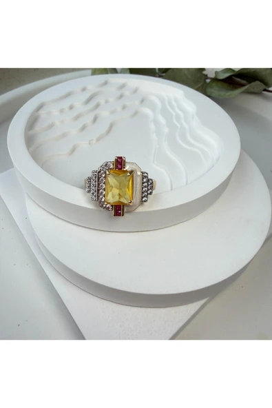 nesdesign Sarı Dikdörtgen Kesim Renkli Sedefli Ayarlanabilir Yüzük ürün görseli 1