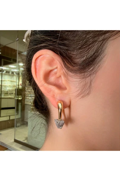 nesdesign Çift Taraflı Ucu Üçgen Prizmalı Taşlı Gold Küpe - Resim 2