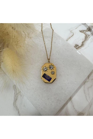 nesdesign Çelik Mor Taşlı Plaka Kolye (46 cm) ürün görseli 1