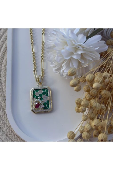 nesdesign Yeşil Dikdörtgen Arı Petek Kolye (55 cm) ürün görseli 1