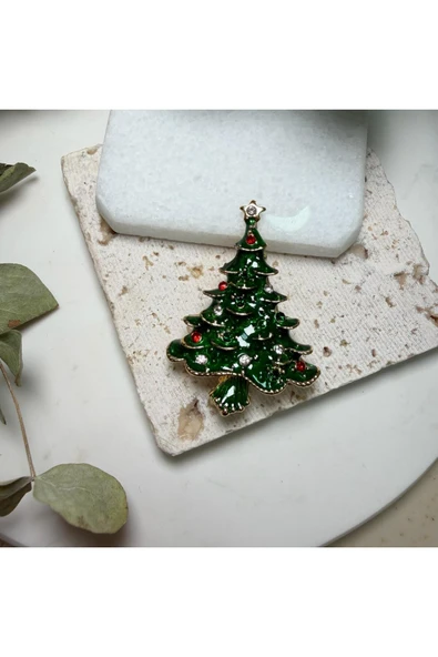 nesdesign Kırmızı Taşlı Çam Ağacı Yılbaşı Broş ürün görseli 1