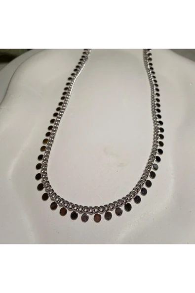 nesdesign Altın Kaplama Yuvarlak Pullu Gümüş Renk Zincir Kolye (45+5 cm) ürün görseli 1